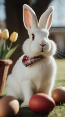 Obraz premium White Easter bunnies and painted eggs in a straw basket. Easter.