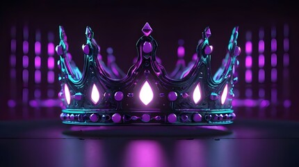 a bright,colorful, and glittering neon-style crown with sparkling lights,drawn in three dimensions. Abstract neon style drawing with a black backdrop with a diamond tiara and a crown on a white frozen