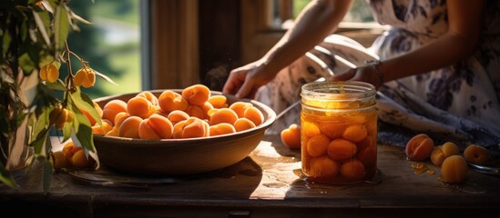 Preparing Apricot Compote in a Rustic Summer Setting - obrazy, fototapety, plakaty