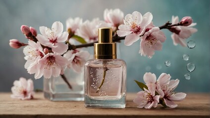 Elegant perfume bottle surrounded by blooming cherry blossoms on a textured background