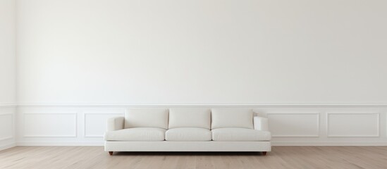 A rectangular living room with hardwood flooring, featuring a white couch against a white wall. The design exudes comfort and automotive exterior elegance