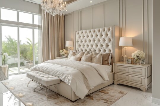 A luxury bedroom design with marble accents, custom cabinetry