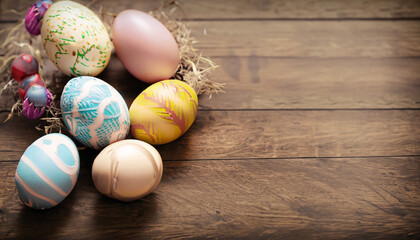 Fototapeta na wymiar Woodland Wonderland: Easter Eggs Adorning a Wooden Backdrop