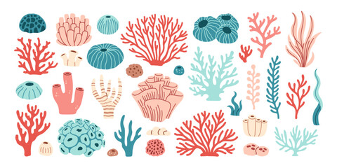 Coral set. Ocean plants, underwater flora, seaweed. Aquatic plant, algae, tropical seabed elements vector set
