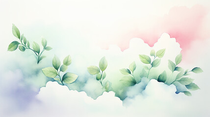Green leaves among clouds, watercolor postcard background