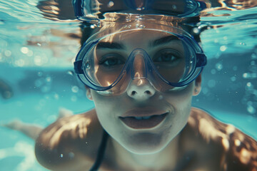 Naklejka premium a young woman in goggles and cap swimming underwater in pool