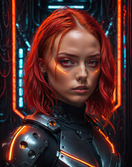 portrait of a cyberpunk cyborg girl, red hair, neon line tattoos. Generated AI