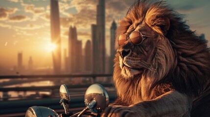 Stylish lion on a scooter sunglasses reflecting the sunset