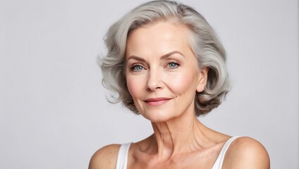 Fototapeta premium Serene mature woman with grey hair poses softly against a bokeh light background 