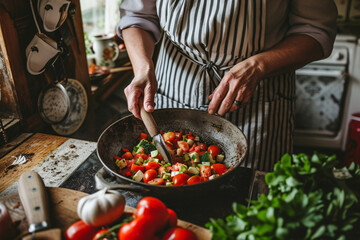 close-up of an old lady sautéing vegetables in a pan in a rustic old-fashioned kitchen - obrazy, fototapety, plakaty