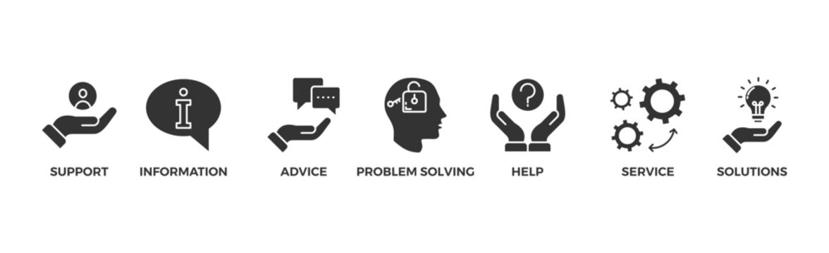 Help desk banner web icon vector illustration concept with icon of support, information, advice, problem solving, help, service and solutions	