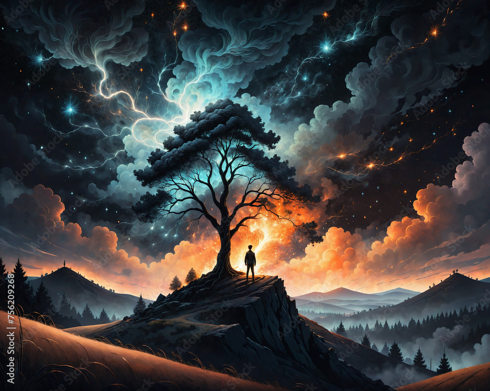 Poster a burning tree stands on a hill, next to it is a silhouette of a man, thunderclouds in the sky. gene
