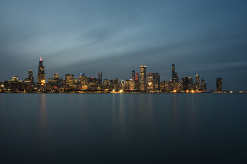 Fototapeta na wymiar Chicago skyline at dusk, as seen from across Lake Michigan.