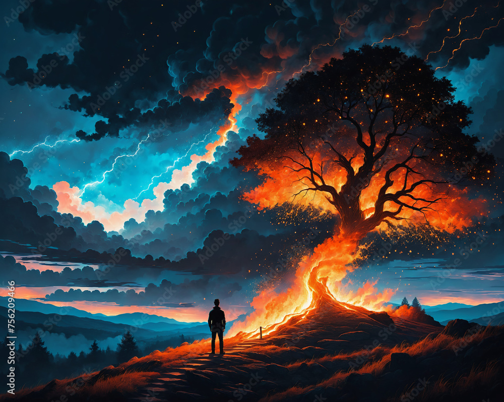 Poster a burning tree stands on a hill, next to it is a silhouette of a man, thunderclouds in the sky. gene