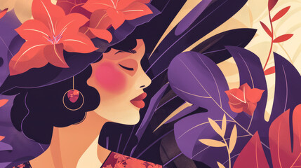 Portrait of an elegant art nouveau woman with a vintage touch and floral details