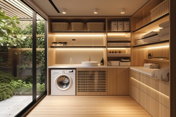 A minimalist-inspired laundry room design featuring clean lines - obrazy, fototapety, plakaty