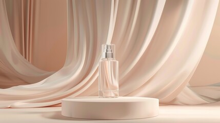 Realistic transparent cosmetic spray bottle advertising scene illustration. Elegant luxury fabric draped podium for displaying beauty products or presentations. 3d realistic,Generative ai