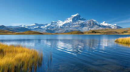 Fototapeta na wymiar Snow capped mountains under a clear blue sky with a crystal lake in the foreground