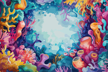 Underwater scene with coral reef, fish and seaweed. Vector watercolor illustration.