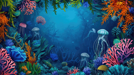 Obraz na płótnie Canvas Underwater scene with coral reef, fish and seaweed. Vector watercolor illustration.