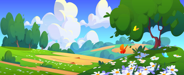 Summer valley landscape with flowers. Vector cartoon illustration of beautiful spring sunny scenery, butterflies flying above green grass on hills, trees and bushes, fluffy white clouds in blue sky
