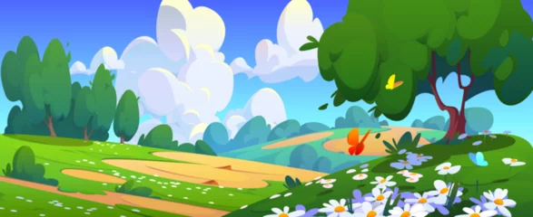 Fotobehang Groen Summer valley landscape with flowers. Vector cartoon illustration of beautiful spring sunny scenery, butterflies flying above green grass on hills, trees and bushes, fluffy white clouds in blue sky