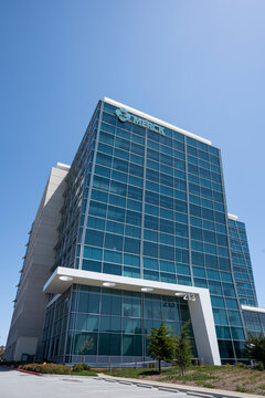 South San Francisco, CA, USA - May 1, 2022: Low angle view of the Merck Research Laboratories building in South San Francisco, California. Merck and Co., Inc. is an American pharmaceutical company.