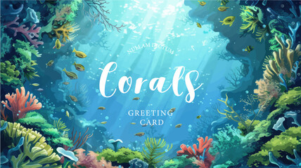 Underwater scene with coral reef, fish and seaweed. Vector watercolor illustration.