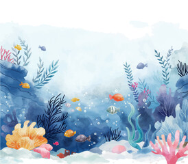 Fototapeta na wymiar Underwater scene with coral reef, fish and seaweed. Vector watercolor illustration.