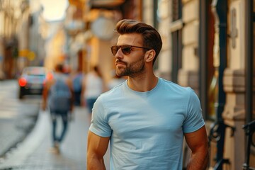 A man wearing a blue shirt and sunglasses is walking down a street