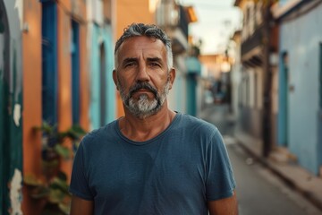 Fototapeta premium A man with a beard and gray hair is standing in front of a building