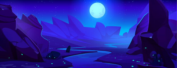Night mountains landscape with river under full moon light. Cartoon dark panoramic vector illustration of desolate scenery with rocky cliff hills and path way road or water streamer in midnight.