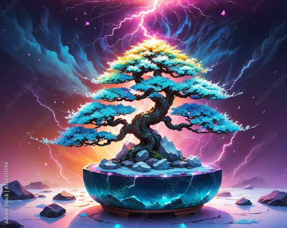 Poster bonsai tree grows on a stone behind lightning strikes. generated ai