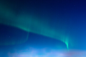 Green Aurora borealis or polar lights on night blue sky