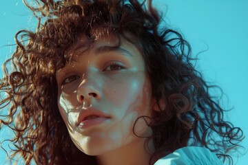 A woman with curly hair and a nose piercing is standing in front of a blue sky