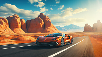 Fast sports car on road with shaped mountains in background