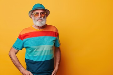 A man in a striped shirt and hat is standing in front of a yellow wall - Powered by Adobe