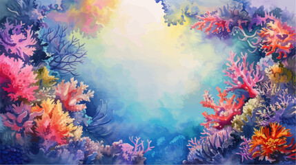 Obraz na płótnie Canvas Underwater scene with coral reef, fish and seaweed. Vector watercolor illustration.