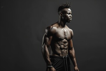 Fototapeta na wymiar A man with a muscular body stands in front of a dark background