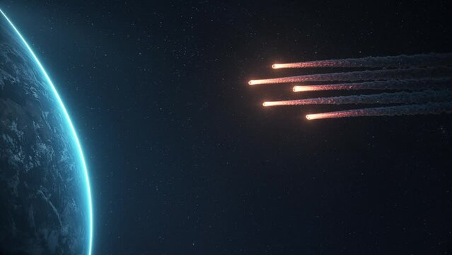 Meteors and asteroids falling from space to Earth CGI. 