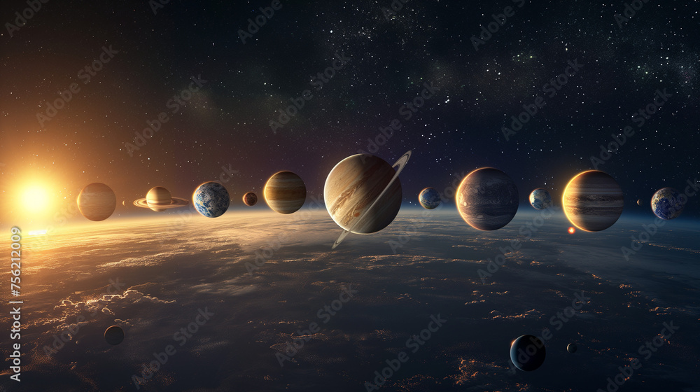 Poster panoramic view of planets in distant solar system in space rendering.