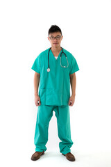 Asian doctor wearing a green scrubs. Isolated on white.