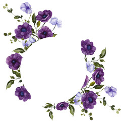 Frame with watercolor hand draw purple flowers. Wisteria, orchid and lilac, isolated on transparent background, PNG files