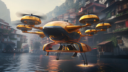 Floating taxi drones - obrazy, fototapety, plakaty