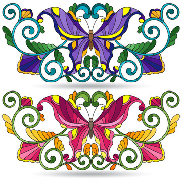 A set of stained glass illustrations with compositions of butterflies and flowers, isolated on a white background