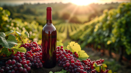 A red wine bottle in front of a landscape of grape farmland. Neural network generated image. Not...