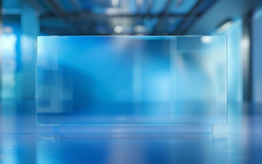 Displaying logo or text, isolated blue transparent glass panel background with blurry background with backlight