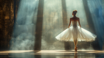 A graceful ballerina in a flowing white tutu performs a stunning leap across a dramatically lit stage. - obrazy, fototapety, plakaty