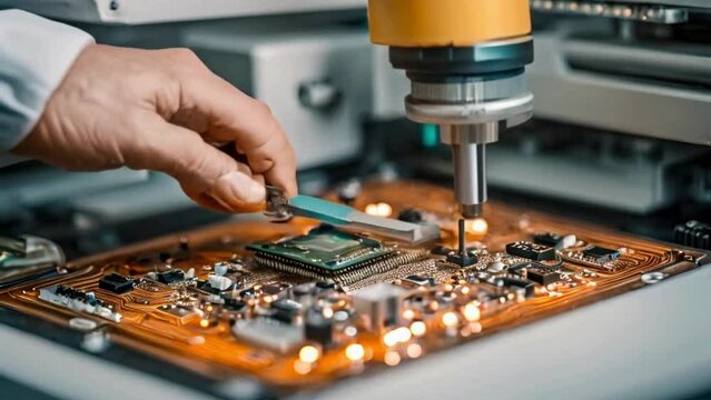 close-up shot of a circuit board undergoing the intricate process of reflow soldering in a state-of-the-art reflow oven.
