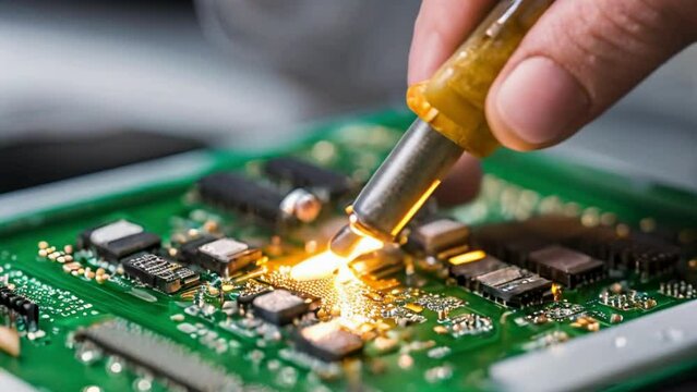 A detailed shot of a circuit board going through reflow soldering in a reflow oven.
